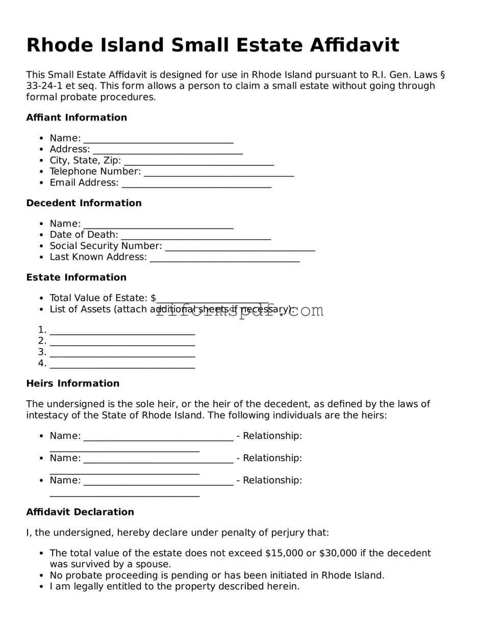 Printable  Small Estate Affidavit Form for Rhode Island