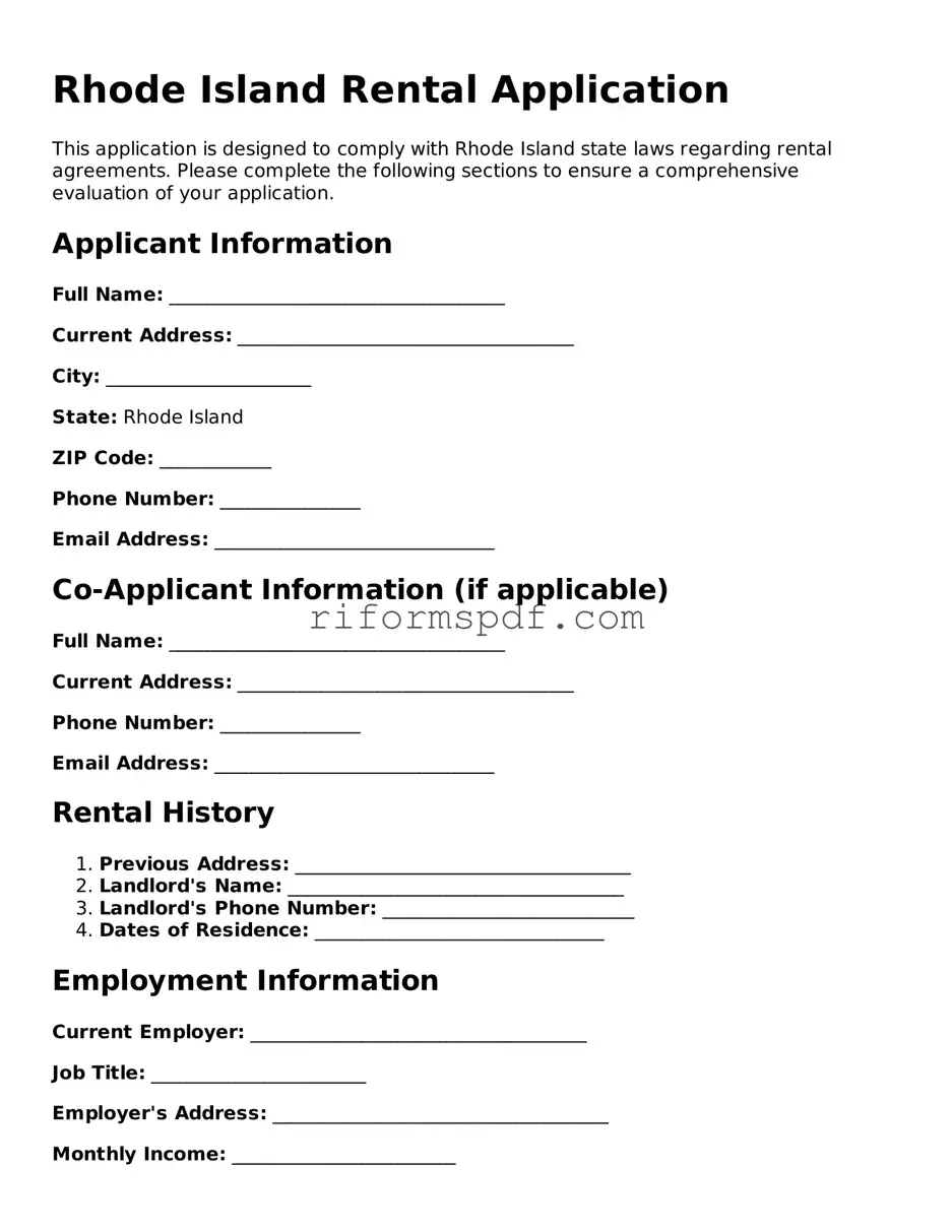 Printable  Rental Application Form for Rhode Island