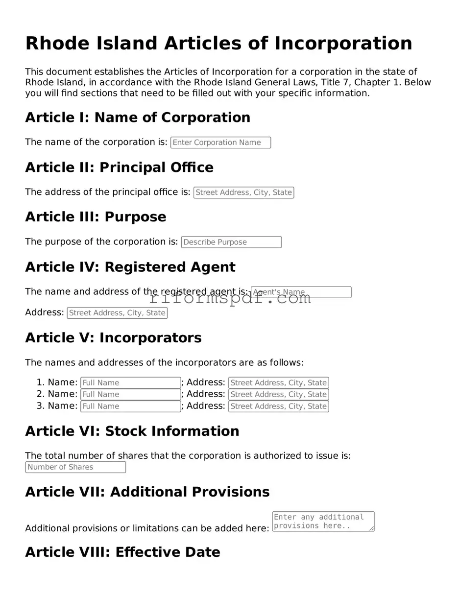 Printable  Articles of Incorporation Form for Rhode Island