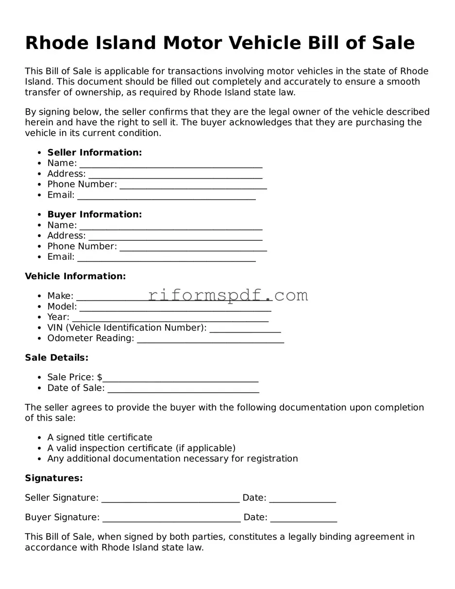 Printable Motor Vehicle Bill of Sale Form for Rhode Island