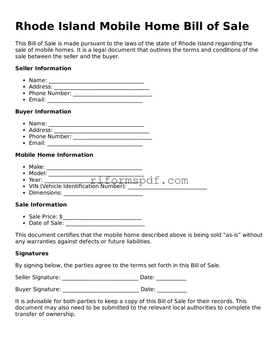 Printable  Mobile Home Bill of Sale Form for Rhode Island
