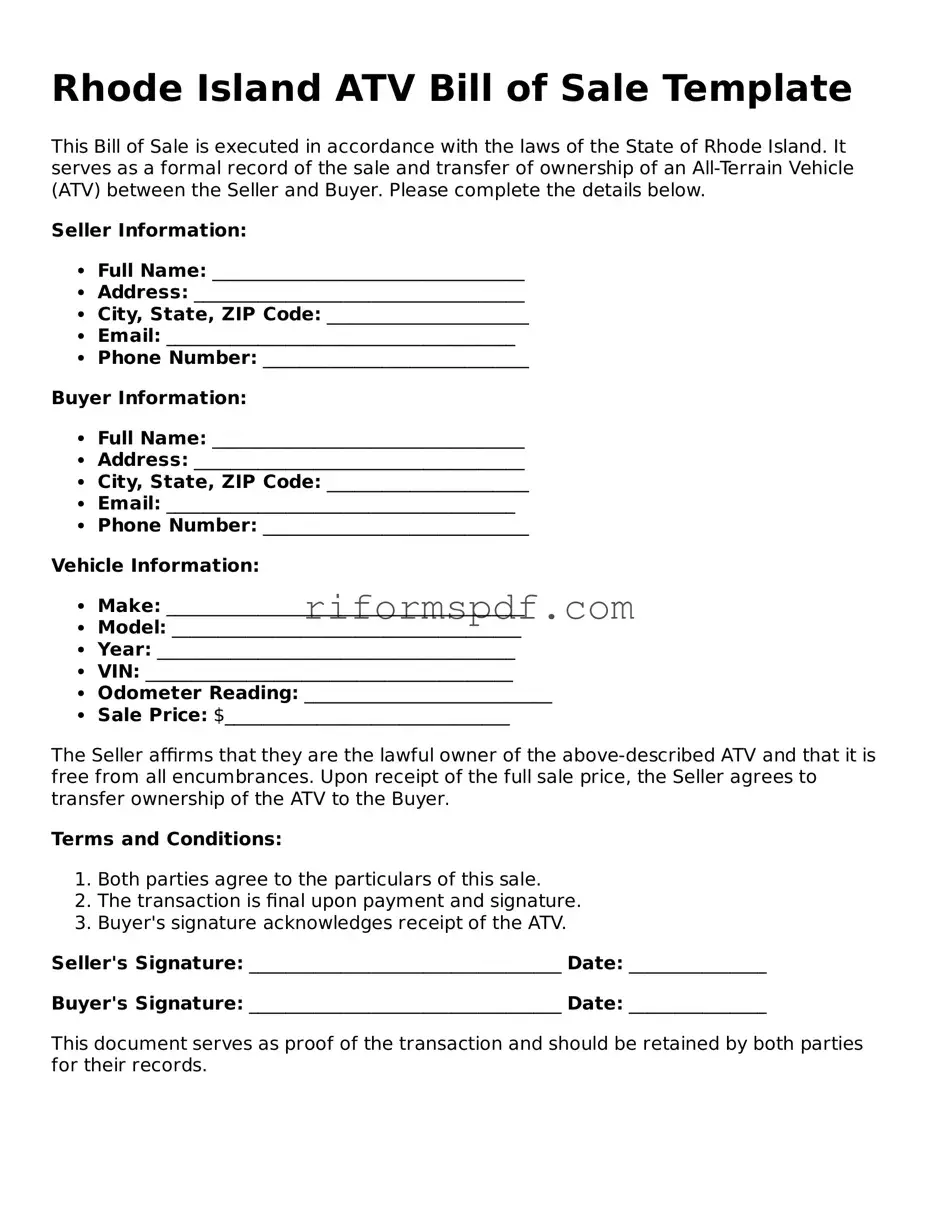 Printable  ATV Bill of Sale Form for Rhode Island
