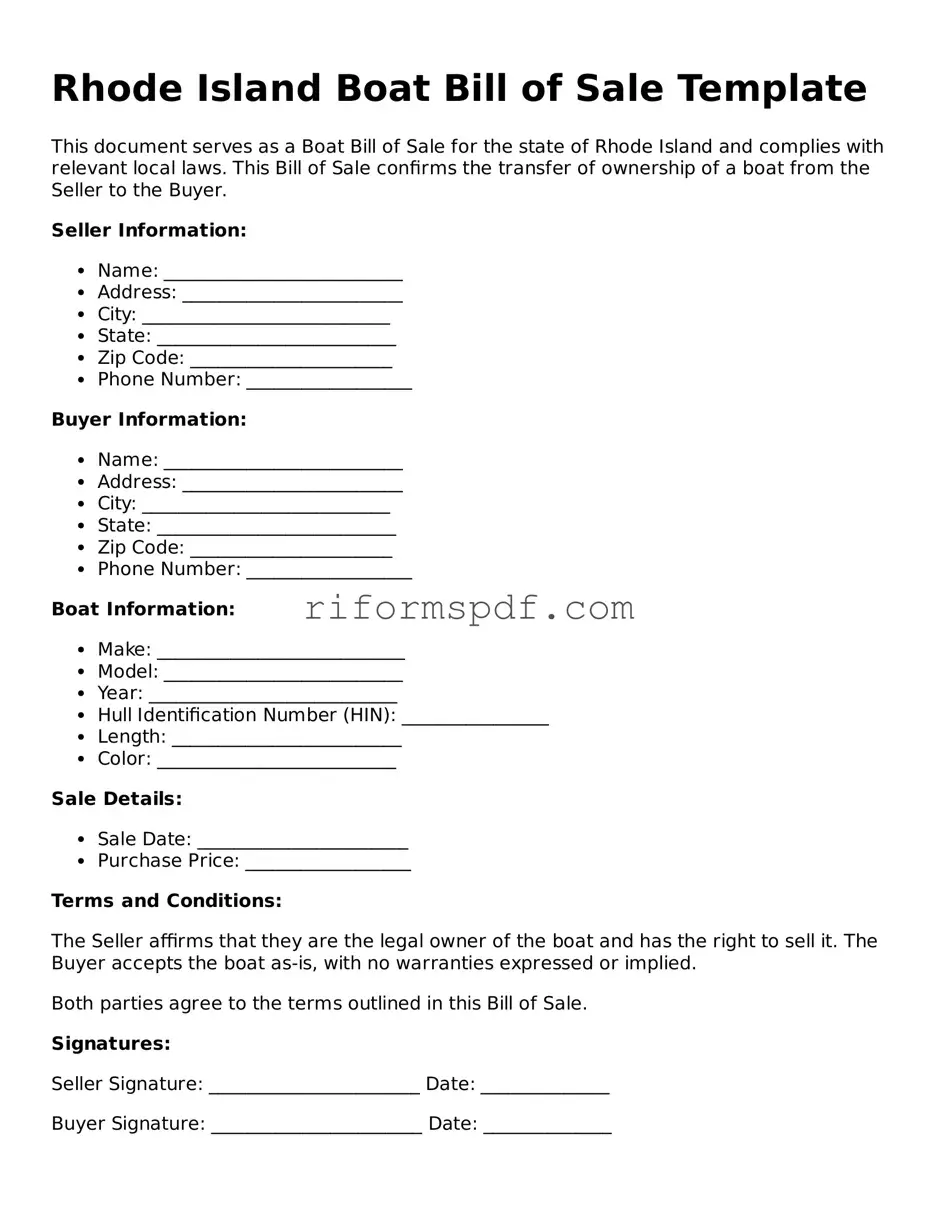 Printable  Boat Bill of Sale Form for Rhode Island