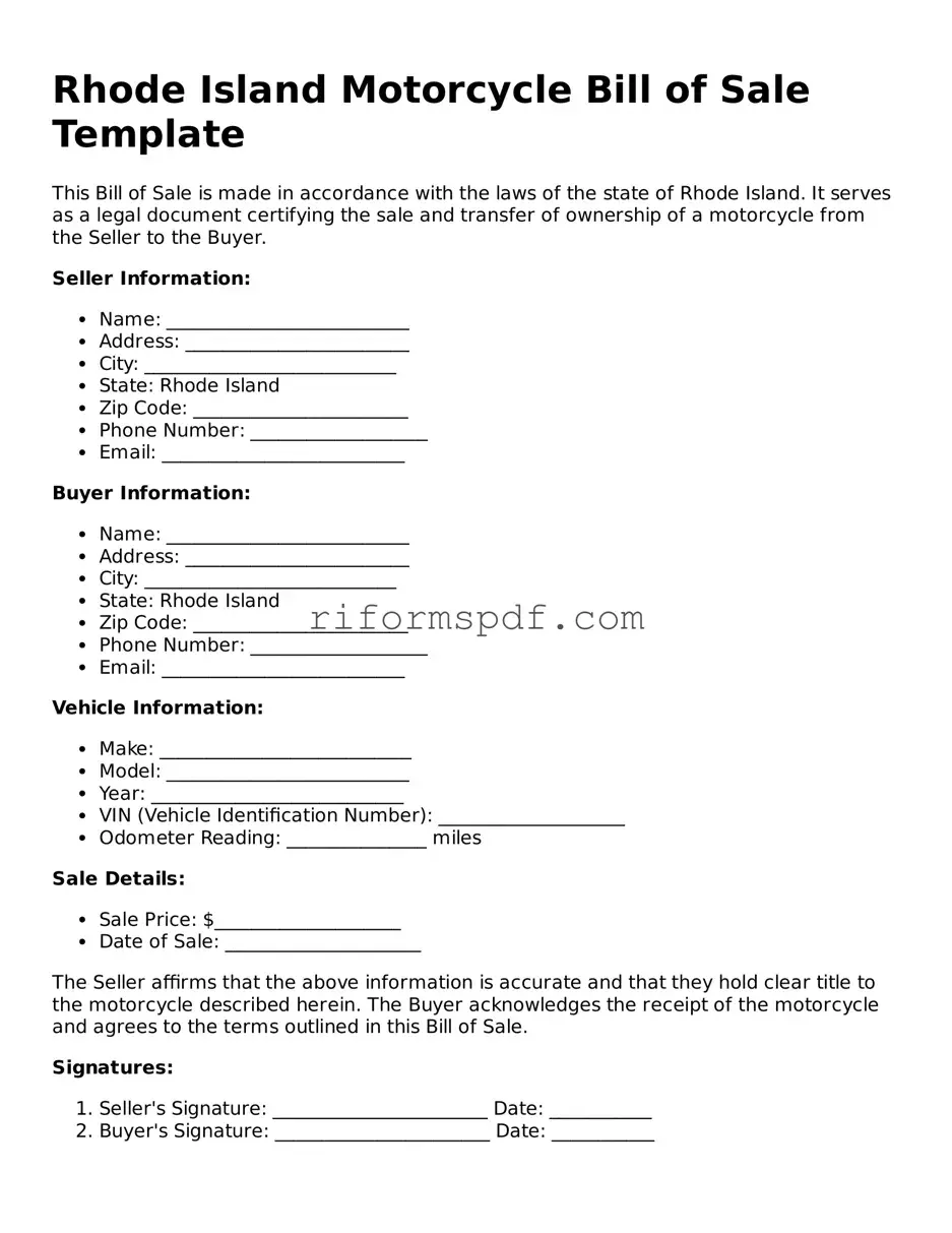 Printable  Motorcycle Bill of Sale Form for Rhode Island