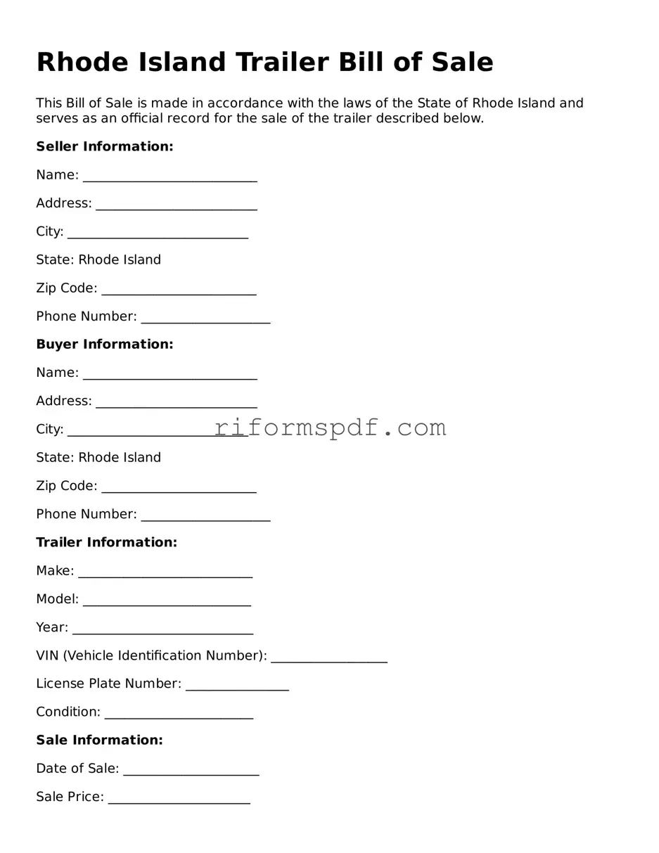 Printable Trailer Bill of Sale Form for Rhode Island