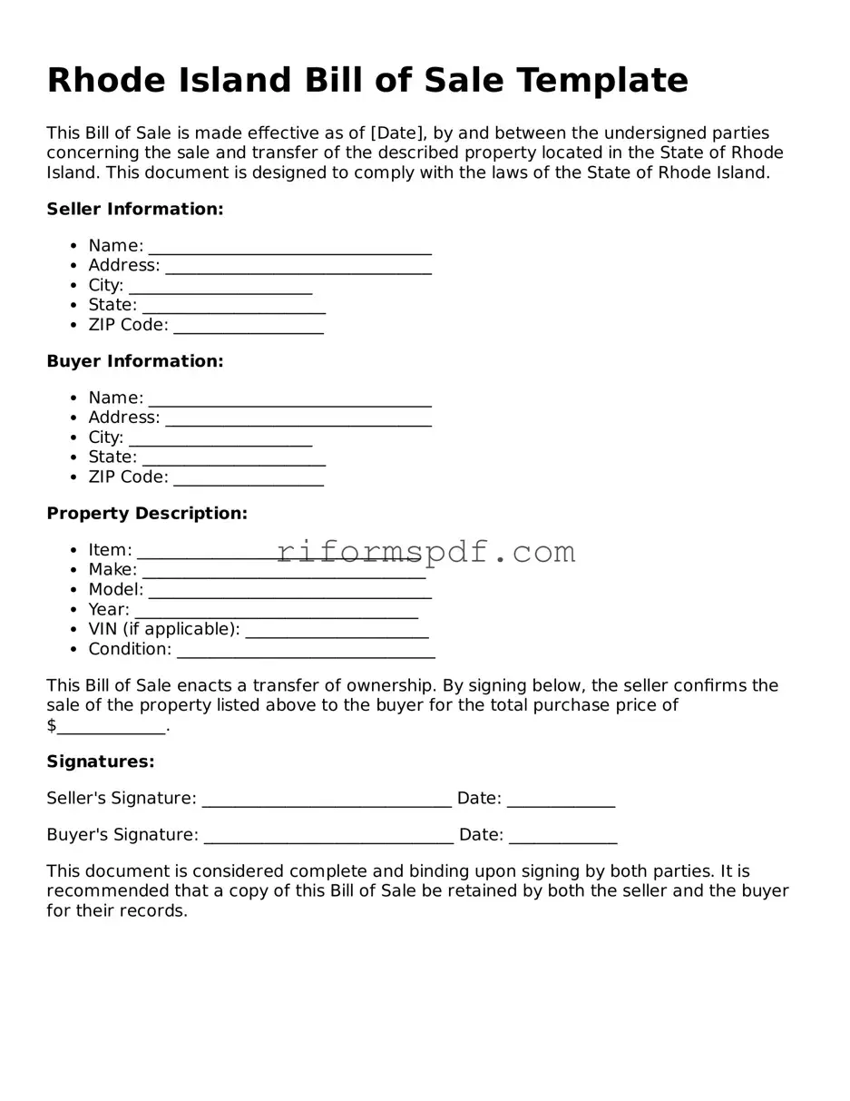 Printable Bill of Sale Form for Rhode Island