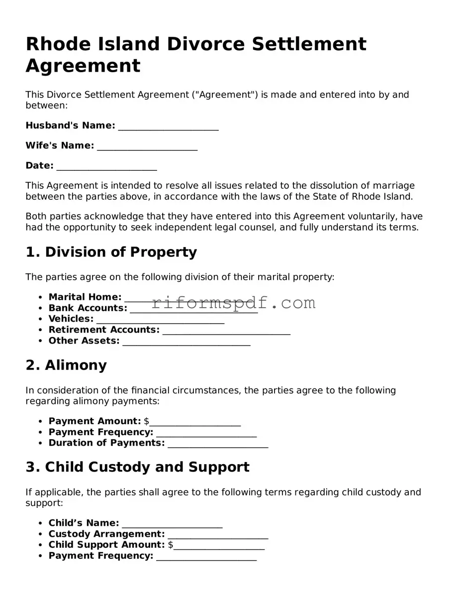Printable  Divorce Settlement Agreement Form for Rhode Island