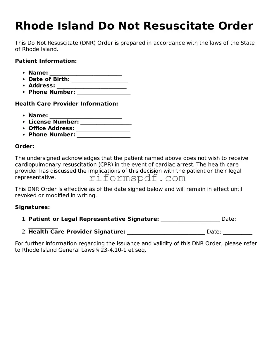 Printable Do Not Resuscitate Order Form for Rhode Island