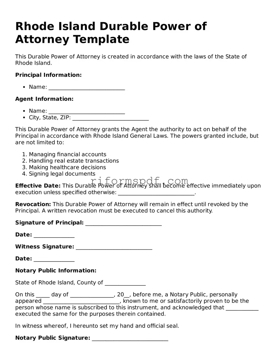 Printable  Durable Power of Attorney Form for Rhode Island