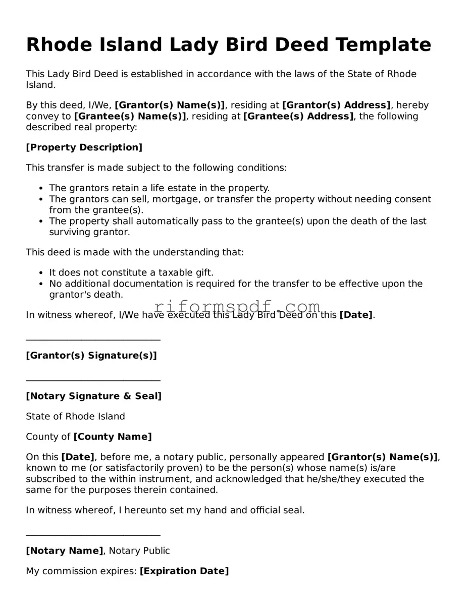 Printable  Lady Bird Deed Form for Rhode Island