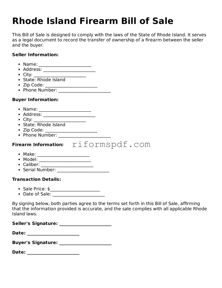 Printable  Firearm Bill of Sale Form for Rhode Island
