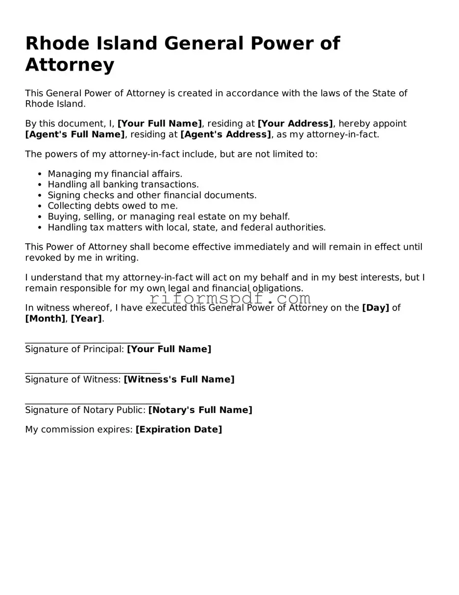 Printable  General Power of Attorney Form for Rhode Island