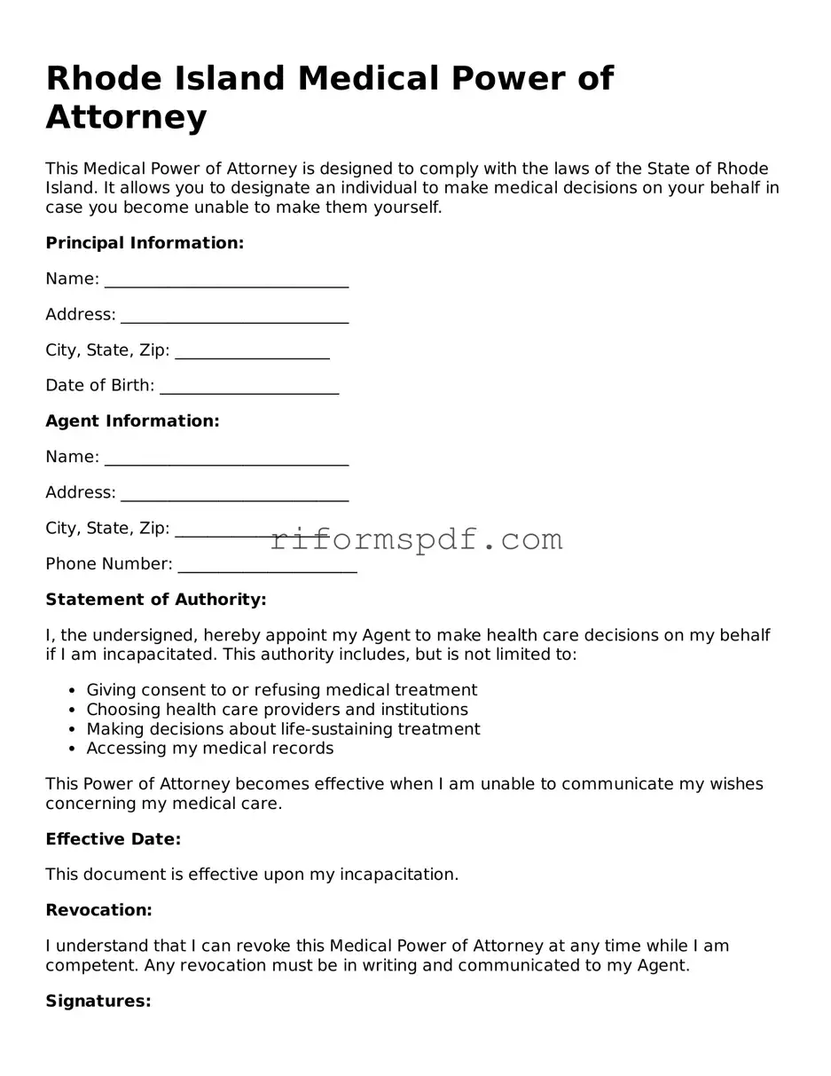 Printable  Medical Power of Attorney Form for Rhode Island
