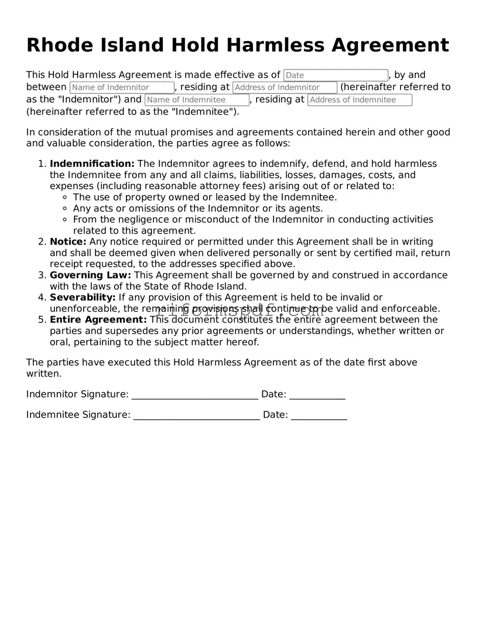Printable Hold Harmless Agreement Form for Rhode Island