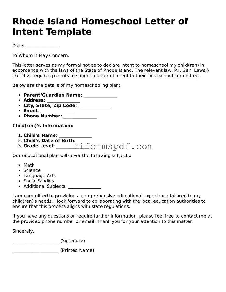 Printable  Homeschool Letter of Intent Form for Rhode Island