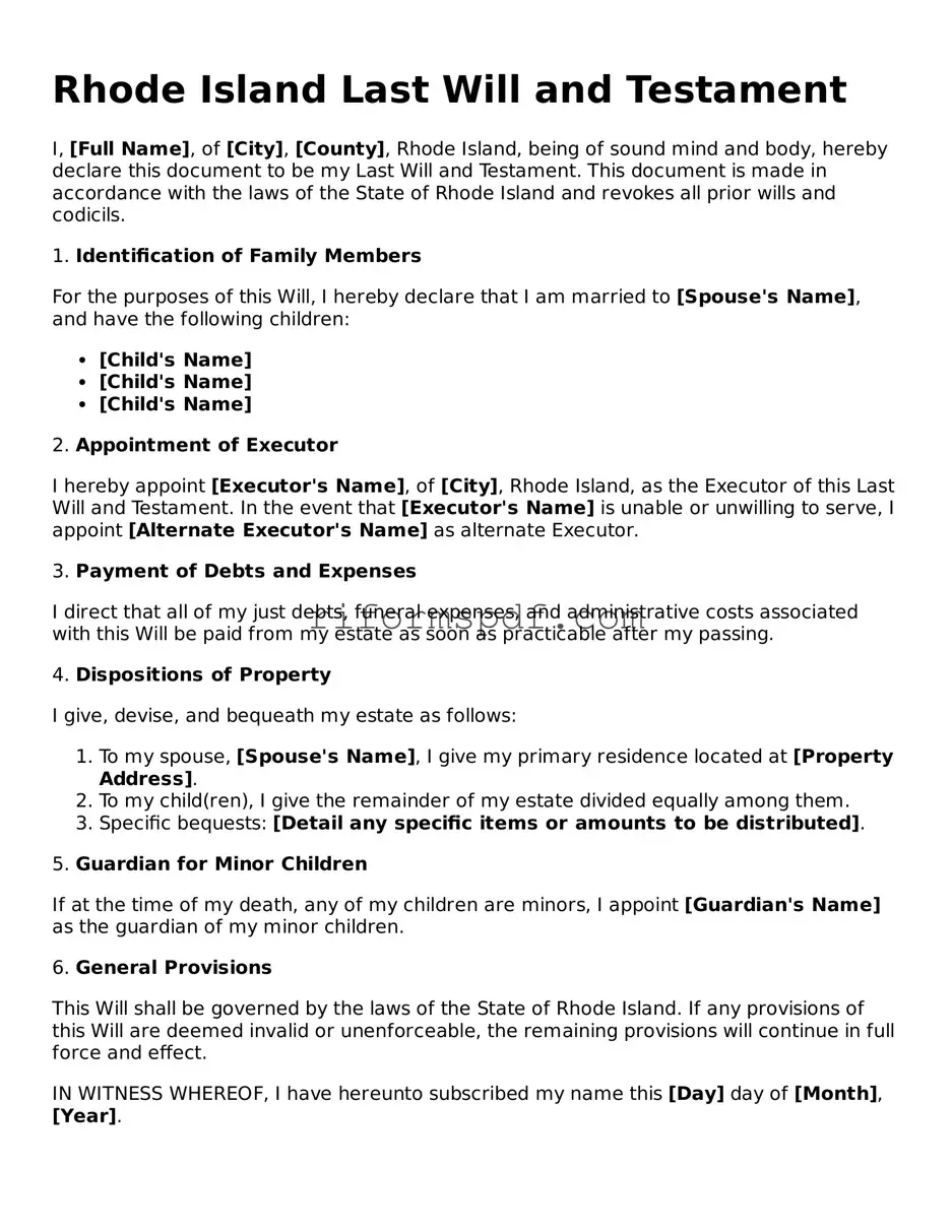Printable  Last Will and Testament Form for Rhode Island