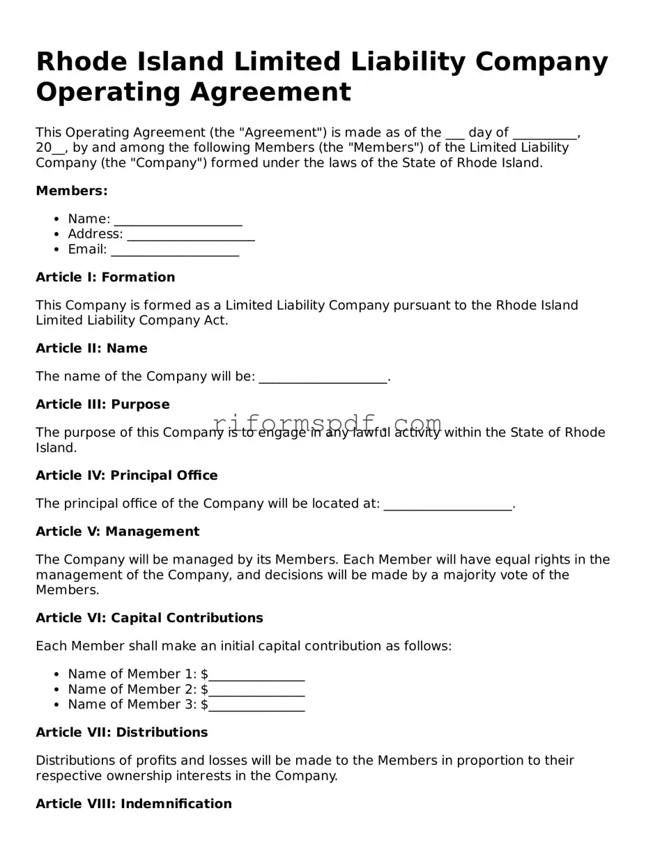 Printable  Operating Agreement Form for Rhode Island