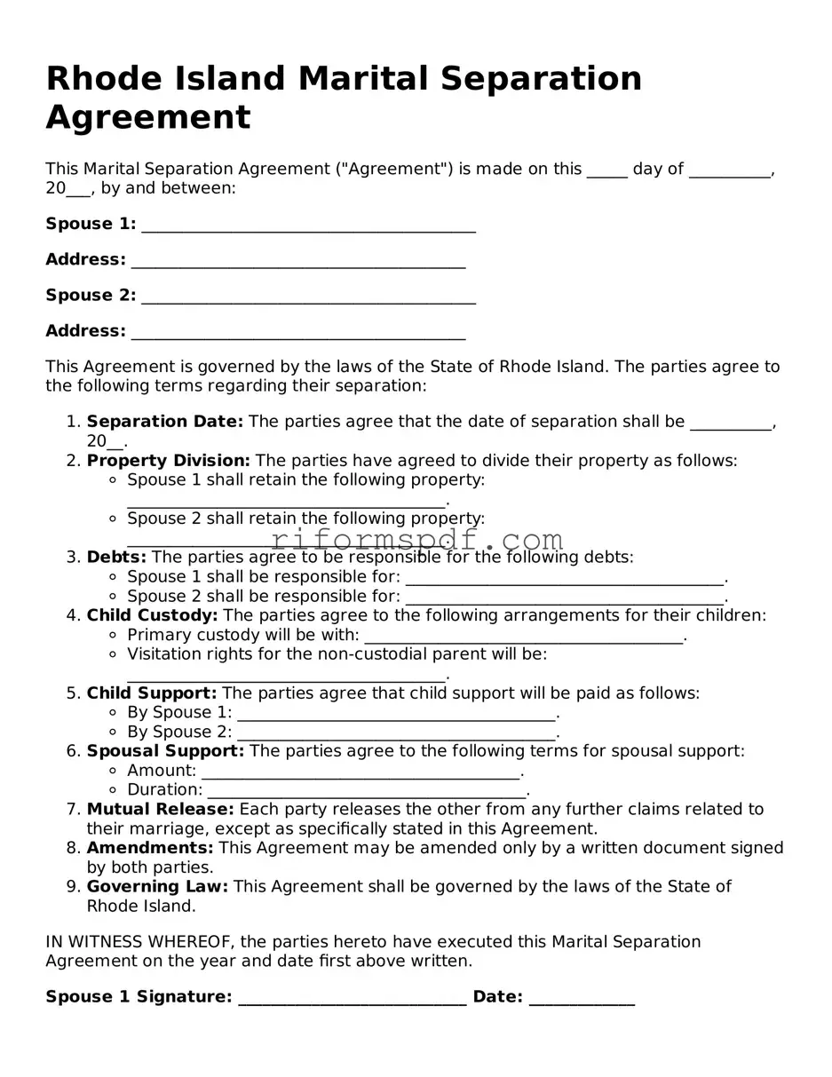 Printable  Marital Separation Agreement Form for Rhode Island