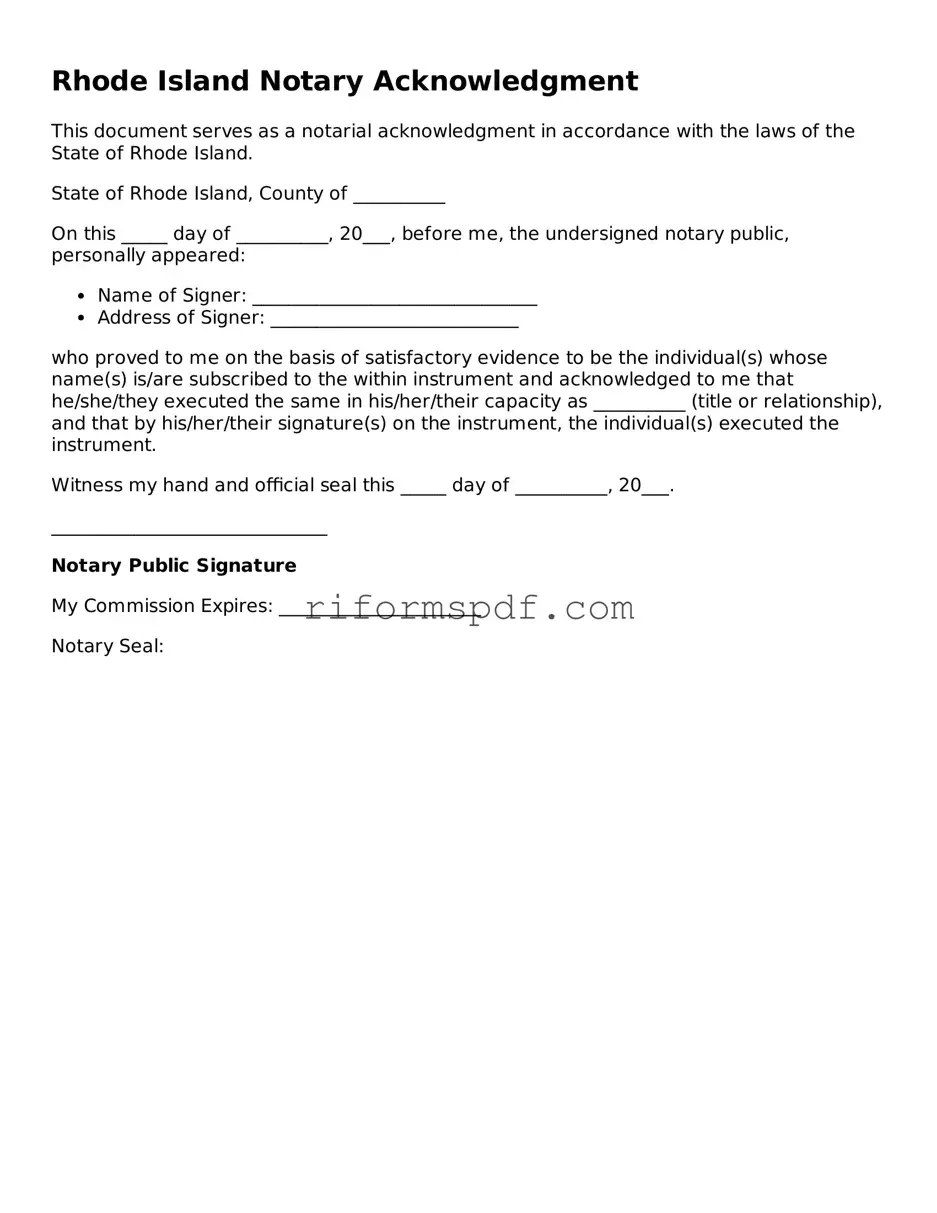 Printable  Notary Acknowledgement Form for Rhode Island