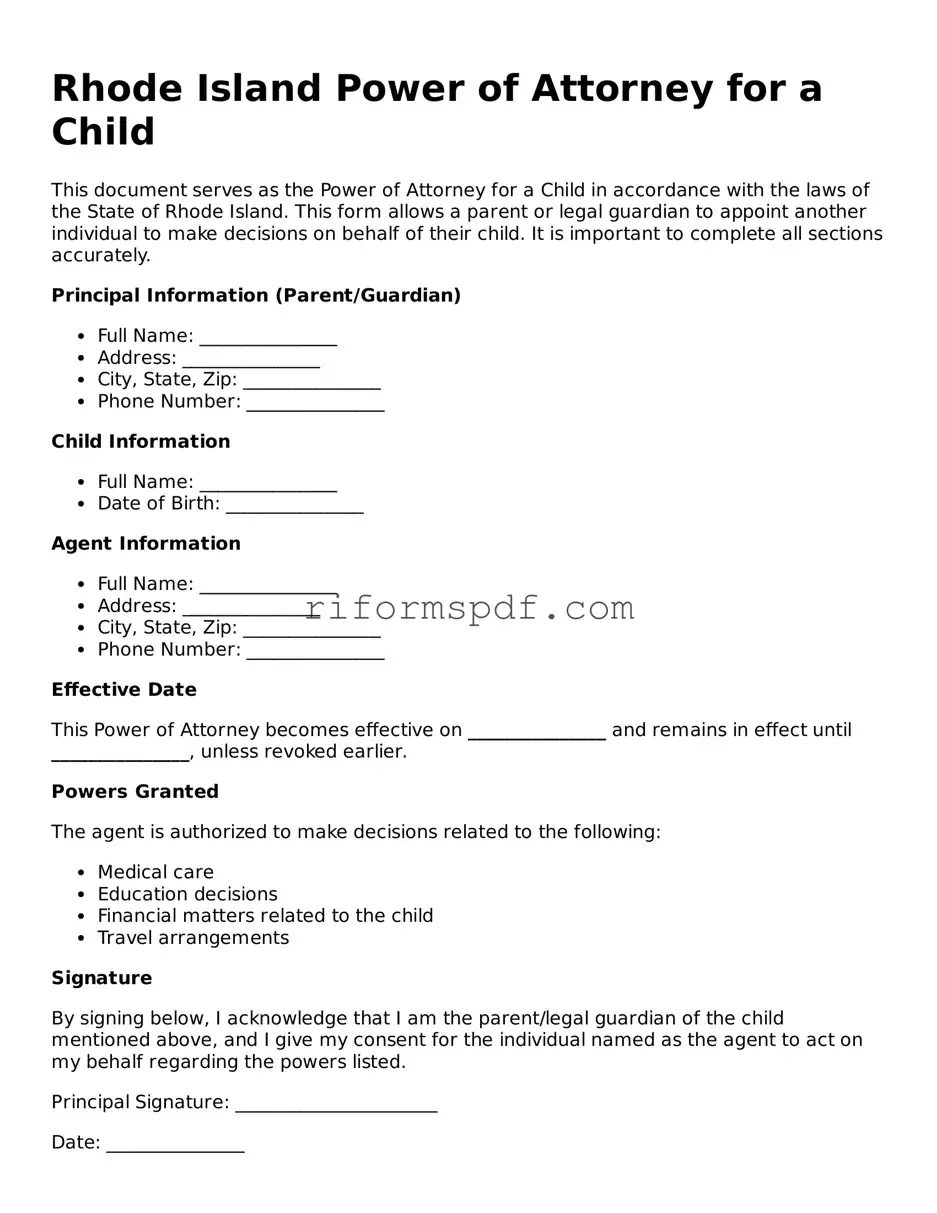 Printable  Power of Attorney for a Child Form for Rhode Island