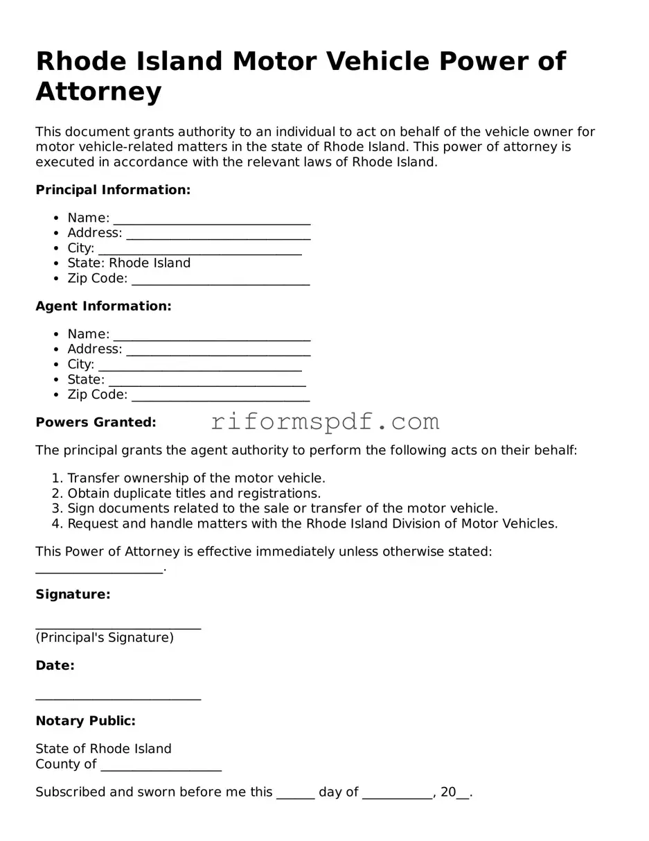 Printable Motor Vehicle Power of Attorney Form for Rhode Island