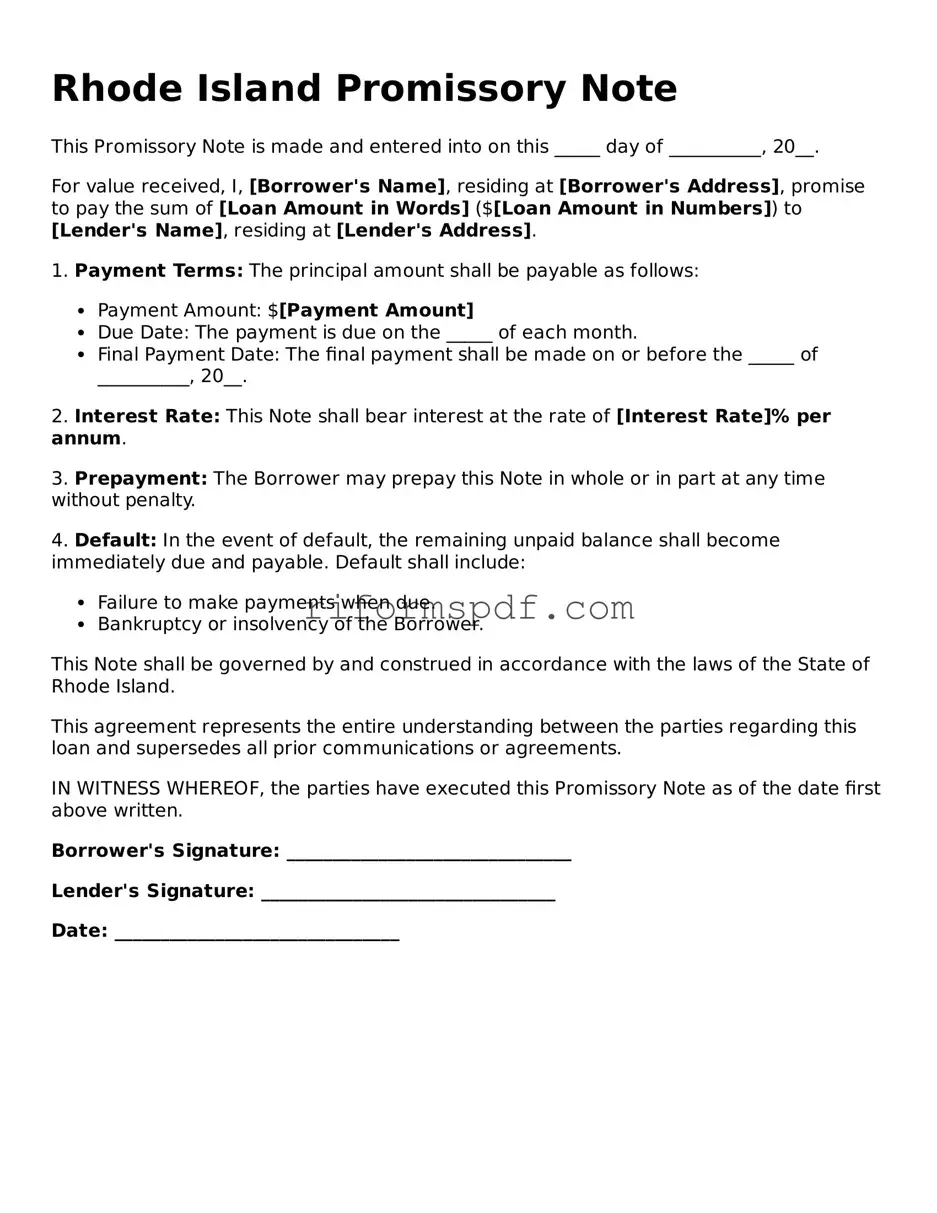 Printable  Promissory Note Form for Rhode Island