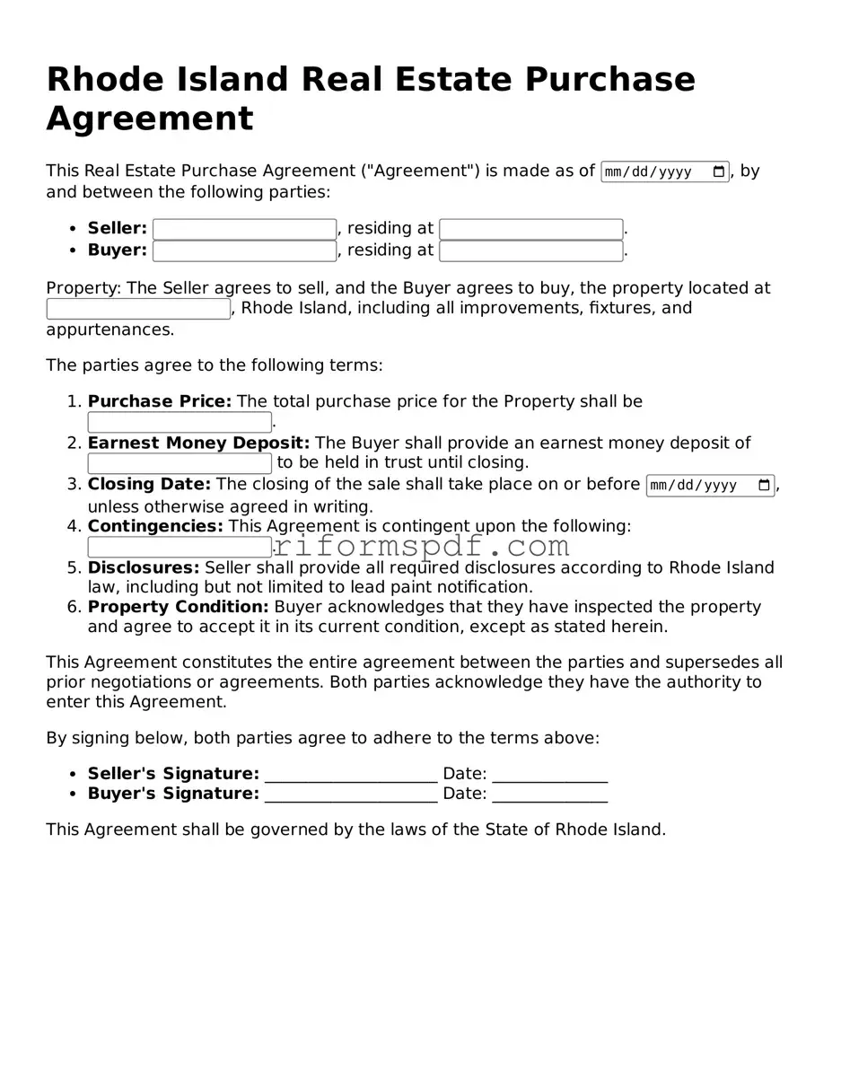 Printable  Real Estate Purchase Agreement Form for Rhode Island