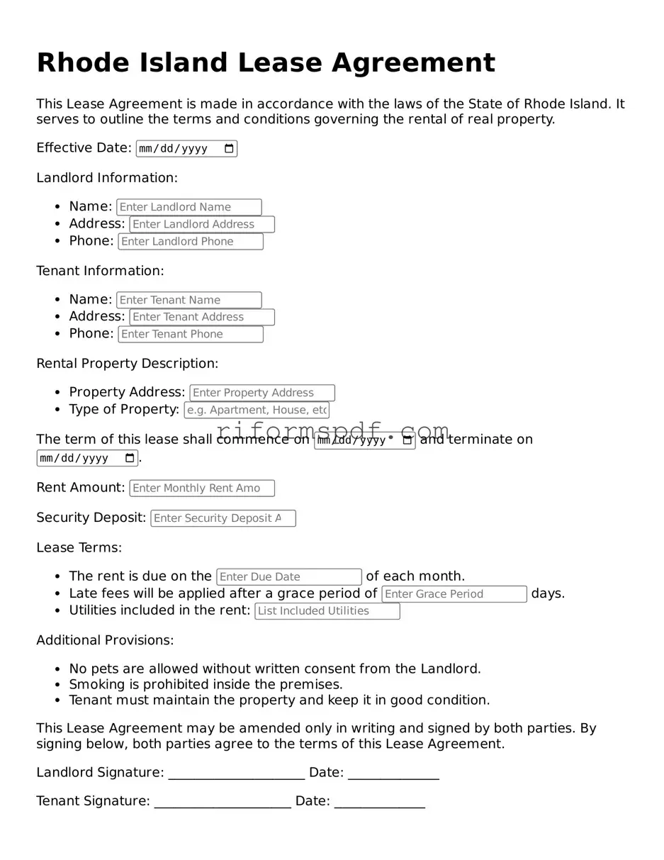Printable Lease Agreement Form for Rhode Island