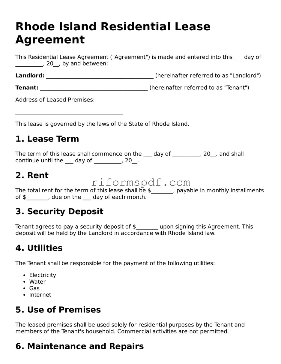 Printable  Residential Lease Agreement Form for Rhode Island