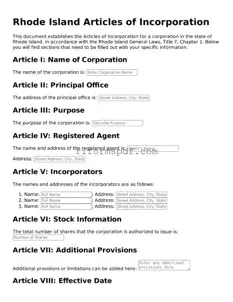 Printable Articles of Incorporation Form for Rhode Island