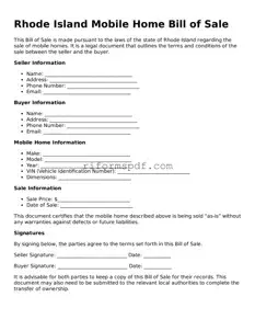 Printable  Mobile Home Bill of Sale Form for Rhode Island