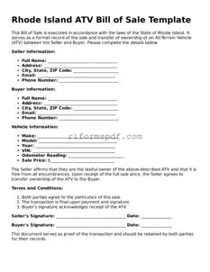 Printable  ATV Bill of Sale Form for Rhode Island