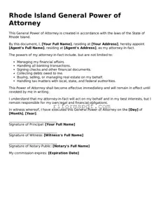 Printable  General Power of Attorney Form for Rhode Island