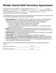 Printable  Hold Harmless Agreement Form for Rhode Island