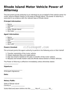 Printable  Motor Vehicle Power of Attorney Form for Rhode Island