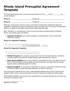 Printable  Prenuptial Agreement Form for Rhode Island